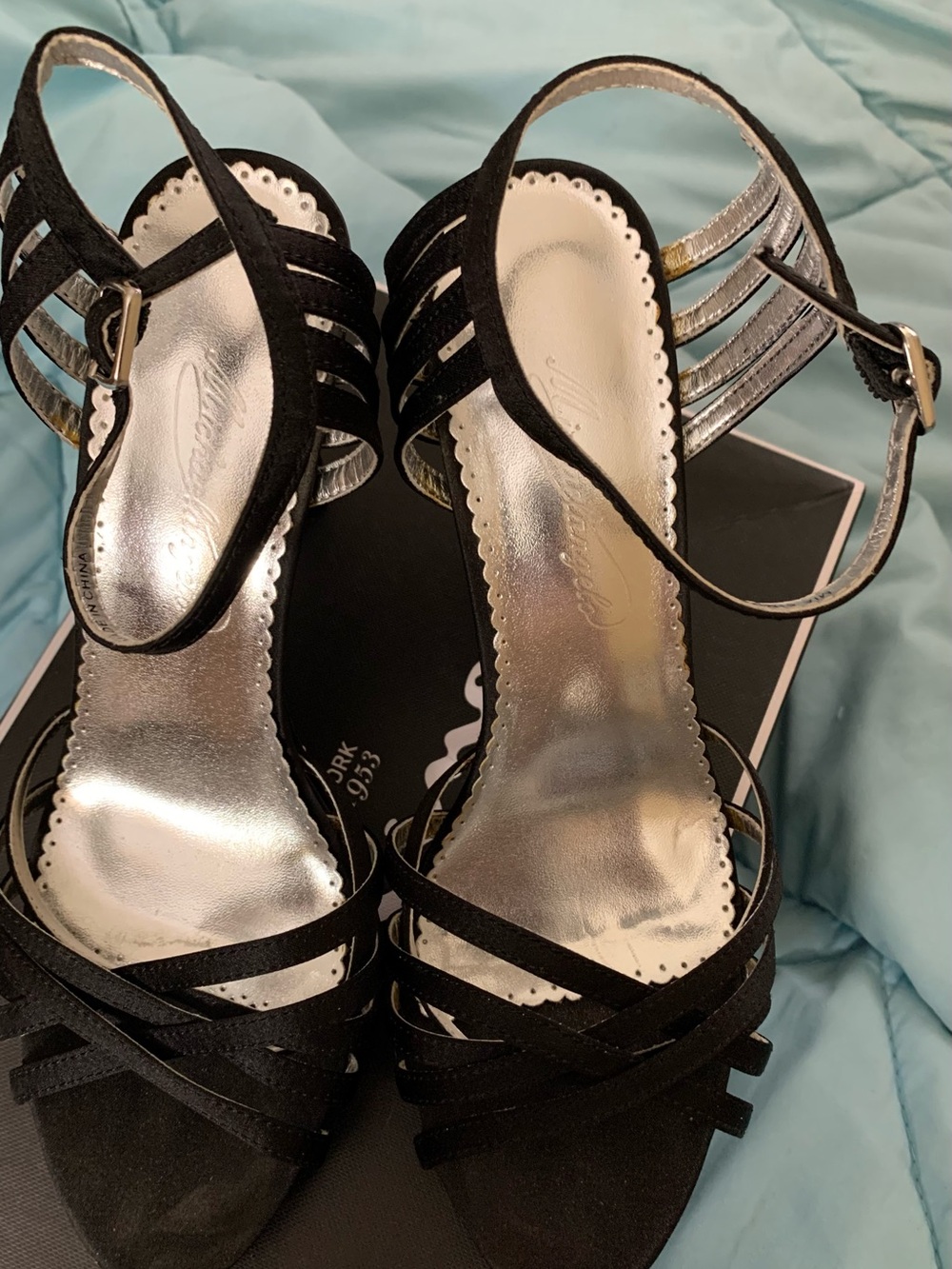 Michelangelo Black Strappy Heels with Silver Metallic Insole